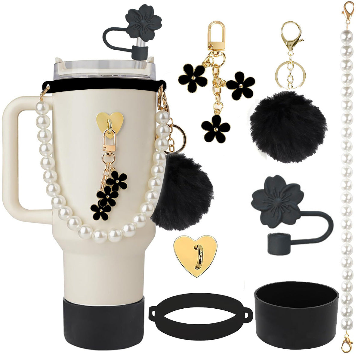 Wholesale Flower straw cap silicone insulated water cup holder pearl hand rope wool ball pendant set